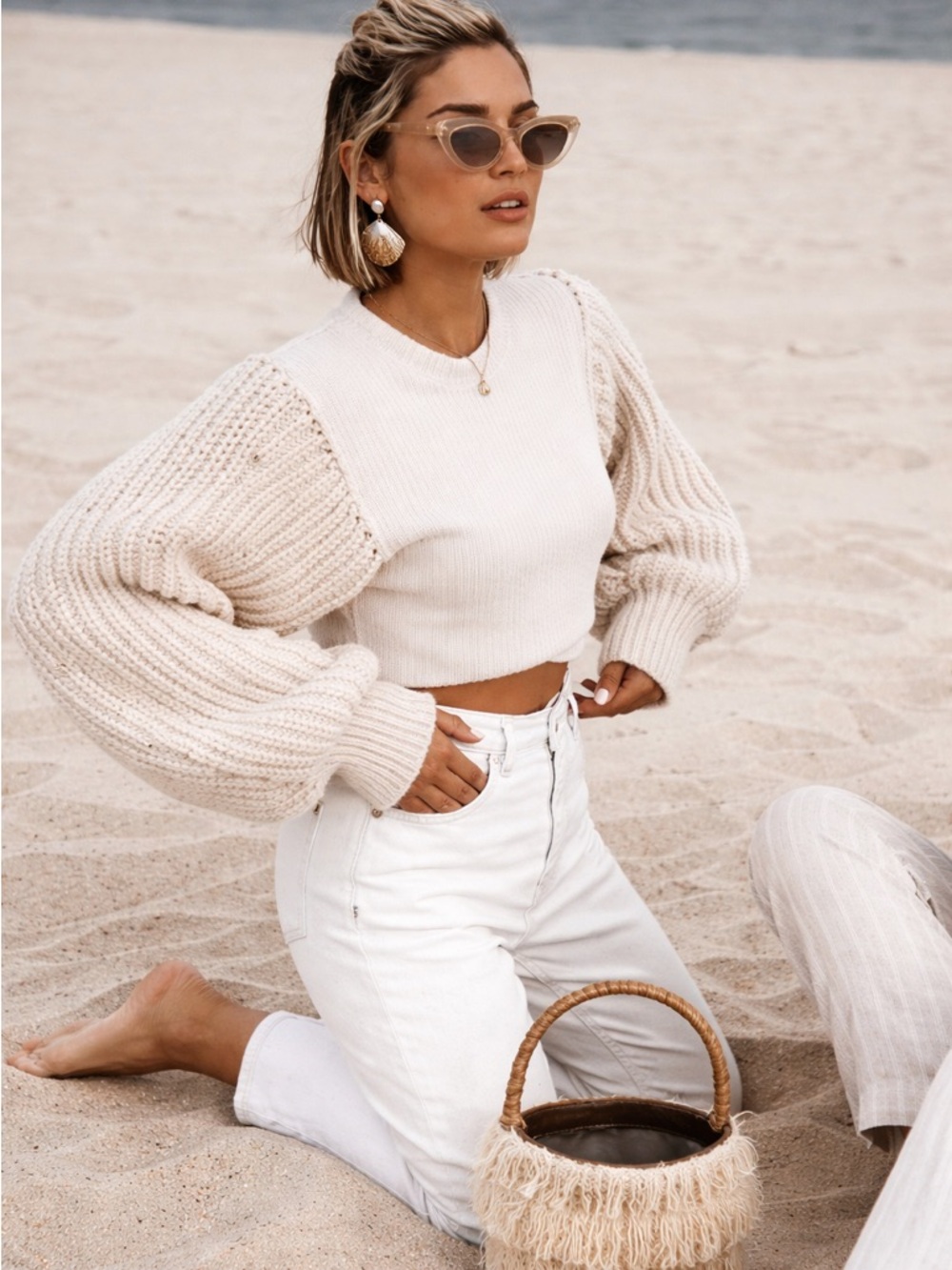 Zara Cream Knit Sweater Balloon Sleeve Ribbed Fitted Chic Pullover NWOT Size M